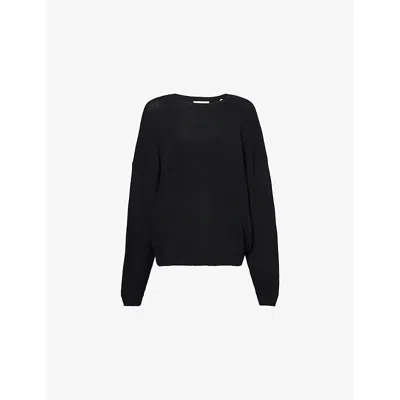 Essentials Mens Jet Black Waffle Long-sleeve Knitted Jumper