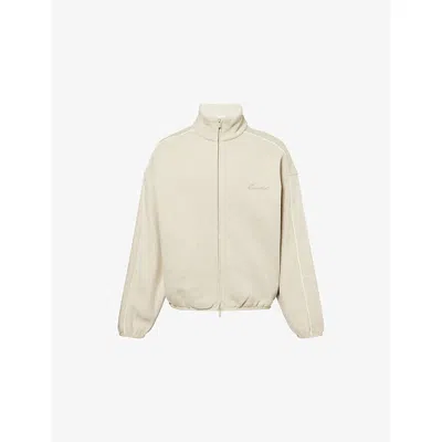 Essentials Mens Heather Stone/white Logo-embroidered Fleece Cotton-blend Track Jacket