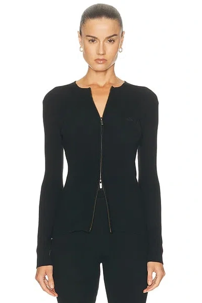 Essentials Signature Rib Knit Fitted Long Sleeve Zip Up Rib Tee In Black