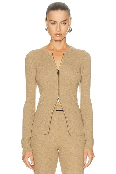 Essentials Signature Rib Knit Fitted Long Sleeve Zip Up Rib Tee In Brown