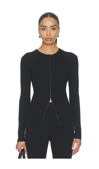 Essentials Signature Rib Knit Fitted Long Sleeve Zip Up Tee In Black