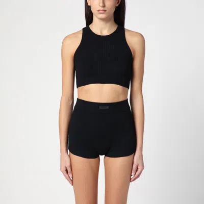 Essentials Womens Black Waffle Sport Cropped Woven-blend Top