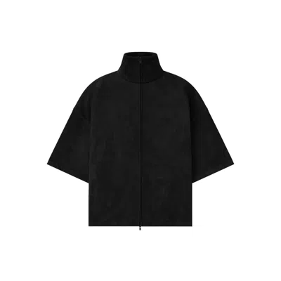 Essentials Suede Fleece High Neck 3/4 Sleeve Jacket In Black