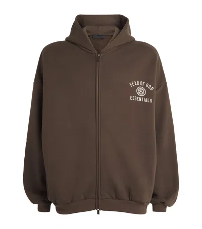 Essentials University Crest Zip-up Hoodie In Brown