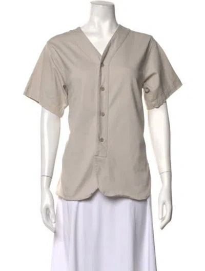 Pre-owned Essentials V-neck Short Sleeve Button-up Top In Neutrals