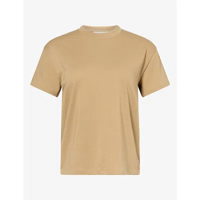 Essentials Womens Classic-fit Brand-print Cotton-blend T-shirt Dune