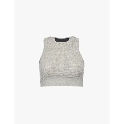 Essentials Womens Dark Heather Waffle Sport Cropped Woven-blend Top