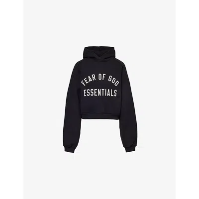 Essentials Navy Fleece Cropped Hoodie In Black