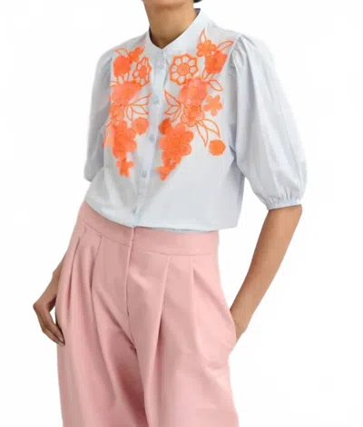 Essentiel Antwerp Appliqué Flowers Shirt With Mandarin Collar In Light Blue/orange In Multi