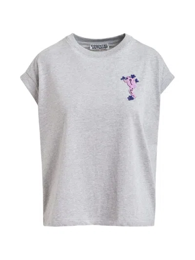 Essentiel Antwerp Grey Cotton T-shirt With Bead Embroidery In Grey