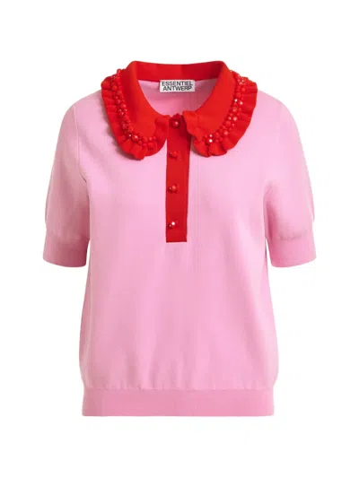 Essentiel Antwerp Gerüschtes Poloshirt Mit Perlenverzierung In Pink
