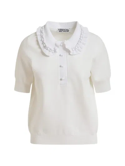 Essentiel Antwerp Gerüschtes Poloshirt Mit Perlen In White