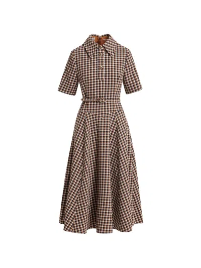 Essentiel Antwerp Belted Check-pattern Midi Dress In Brown