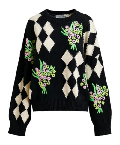 Essentiel Antwerp Black And Off-white Oversized Jacquard Knit Sweater In Multi