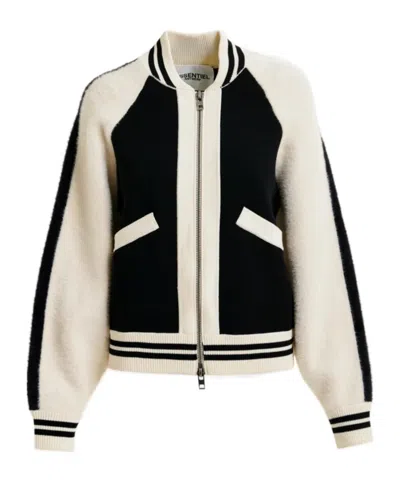 ESSENTIEL ANTWERP BLACK AND WHITE FAUX FUR-PANELLED KNITTED BOMBER JACKET