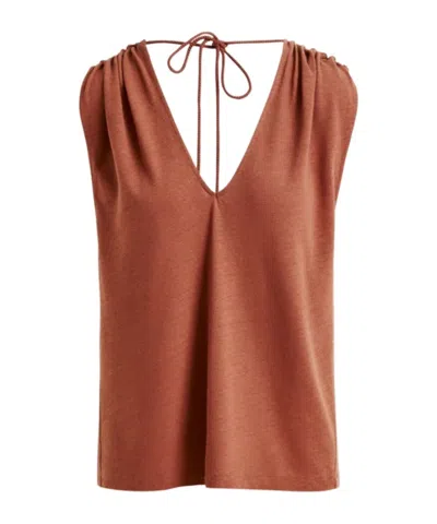 Essentiel Antwerp Brown Sleeveless Cotton-linen Blend T-shirt