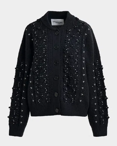 Essentiel Antwerp Cable-knit Wool-blend Cardigan With Rhinestone Embellishments In Black