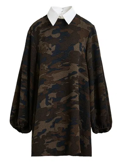 Essentiel Antwerp Camouflage-print Balloon-sleeve Mini Dress In Brown