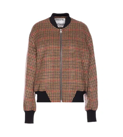 Essentiel Antwerp Check Zip-front Wool Jacket In Brown