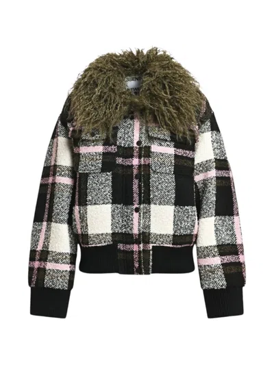 Essentiel Antwerp Check-pattern Faux-fur-collar Jacket In Black