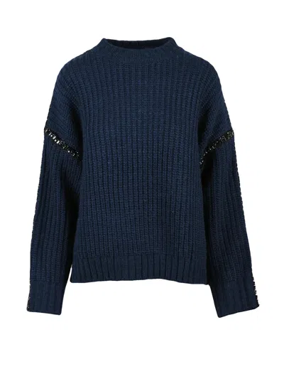 Essentiel Antwerp Chunky Knit Oversized Sweater With Detachable Collar And Sequin Trims In Blue