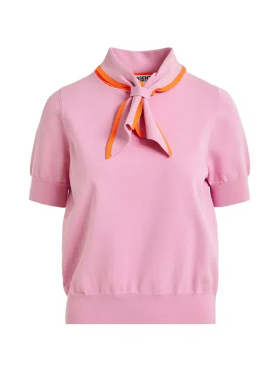 Essentiel Antwerp Contrasting Collar Fine-knit Polo Top In Pink