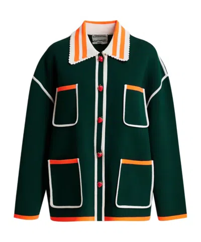 Essentiel Antwerp Dark Green, White And Orange Fine Knit Cardigan With Lace-trimmed Collar And Strawberry-shaped Butto In Multi
