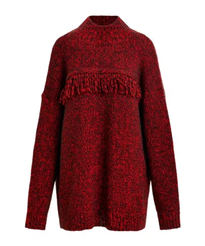 ESSENTIEL ANTWERP DARK RED AND BLACK WOOL-BLEND SWEATER WITH FRINGE DETAILS