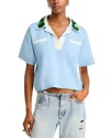 Essentiel Antwerp Hoiseau Short-sleeve Collared V-neck Floral Sequin Sweater In Aqua Blue