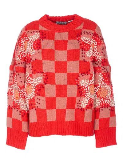 Essentiel Antwerp Embroidered Check Sweater In Red