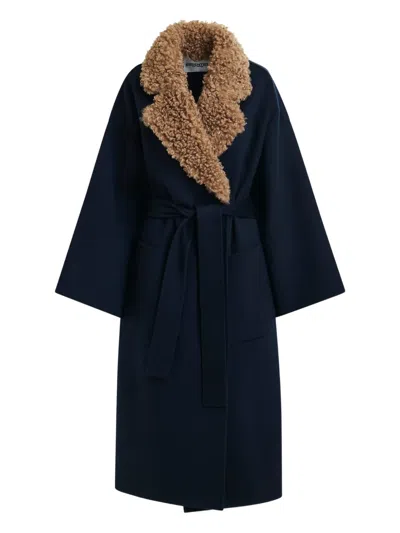 Essentiel Antwerp Faux-fur Collar Belted Coat In Blue