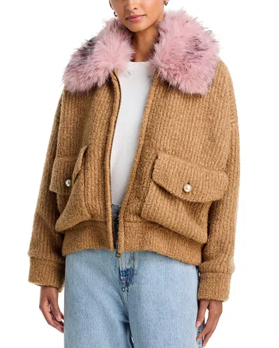 Essentiel Antwerp Faux Fur Collar Knitted Jacket In Brown
