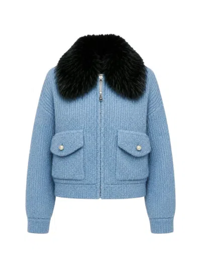 Essentiel Antwerp Faux-fur Collar Ribbed-knit Jacket In Blue