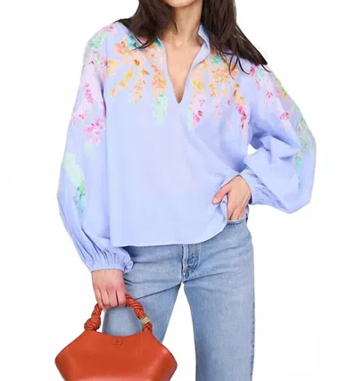 Essentiel Antwerp Floral Embroidery Mandarin Collar Top In Blue Aqua Blue