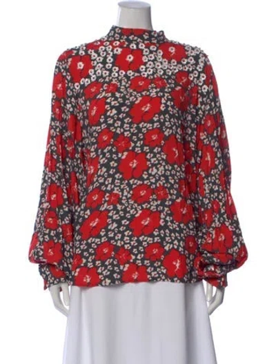 Pre-owned Essentiel Antwerp Floral Print Mock Neck Blouse In Red