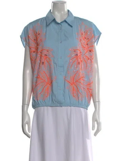 Pre-owned Essentiel Antwerp Floral Print Short Sleeve Button-up Top In Blue