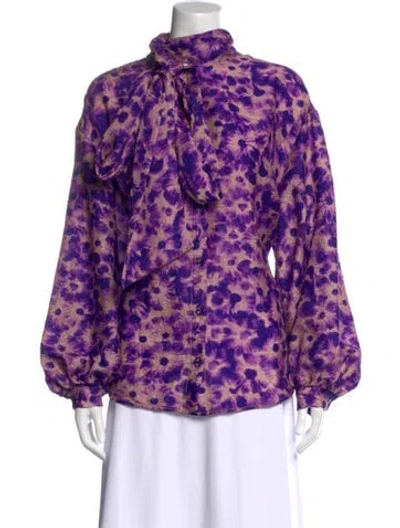 Pre-owned Essentiel Antwerp Floral Print Tie Neck Blouse W/ Tags In Purple