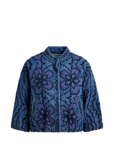Essentiel Antwerp Quilted Embroidered Short Denim Jacket In Blue