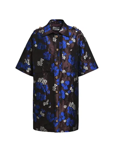 Essentiel Antwerp Floral-jacquard Shoulder-epaulette Shirt Mini Dress In Black
