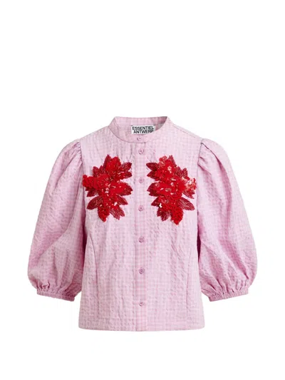 Essentiel Antwerp Light Pink And Red Floral Sequin And Bead-embellished Shirt With Voluminous Sleeves In Multi