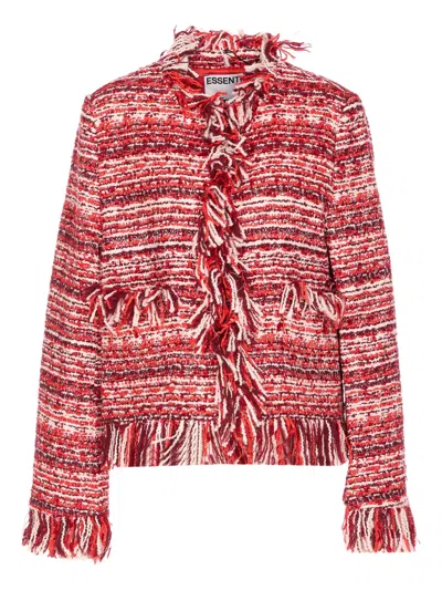 Essentiel Antwerp Fringed-trim Tweed Jacket In Red