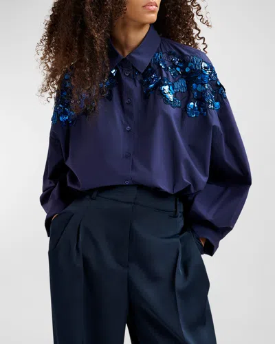 Essentiel Antwerp Gdog Sequin And Bead Embroidered Cotton Poplin Shirt In Blue
