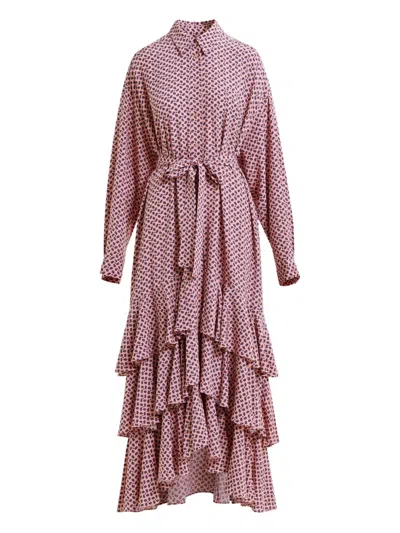 Essentiel Antwerp Geometric-pattern Ruffle-hem Maxi Dress In Pink