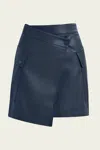 ESSENTIEL ANTWERP GRADUAL FAUX LEATHER MINI WRAP SKIRT IN NAVY BLUE