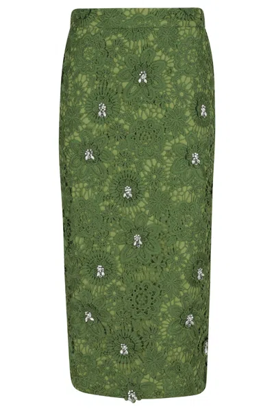 Essentiel Antwerp Green Jourget Lace Rhinestone Slit Polyester Midi Skirt