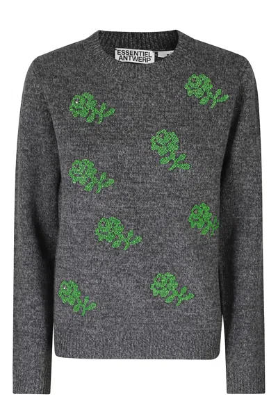Essentiel Antwerp Grey Jacquard Floral Wool Sweater In Gray