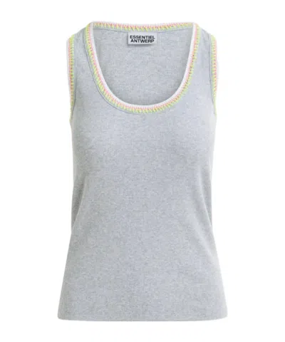 Essentiel Antwerp Grey Organic Cotton Tank Top With Embroidery In Gray/pink/white