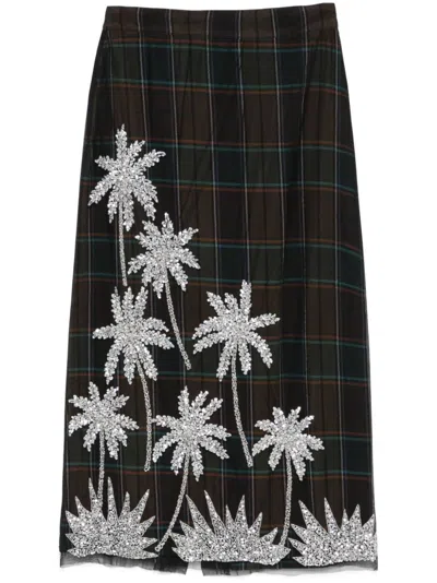 Essentiel Antwerp Greyhound Checked Mesh Embroidered Midi Skirt In Green