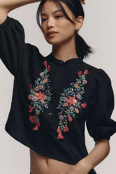 Essentiel Antwerp Heartfelt Embellished Button-front Blouse In Blue