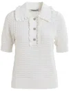 Essentiel Antwerp Off-white Polo With Ruffles And Rhinestone-embellished Buttons In White